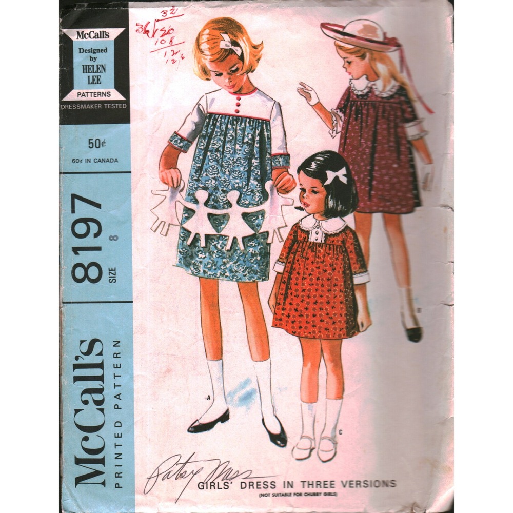 Vintage 1966 McCalls 8197 Girls Dress Pattern Helen Lee Size 8 Three Versions